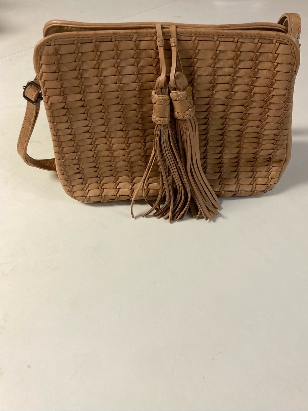 Tan Woven Leather Tassle Purse